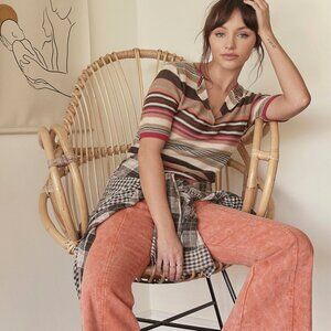 MYSTREE Multicolor Stripe Split Neck Knit Top